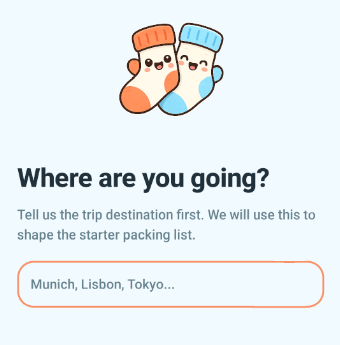 PackTogether AI packing list builder — Where are you going? screen